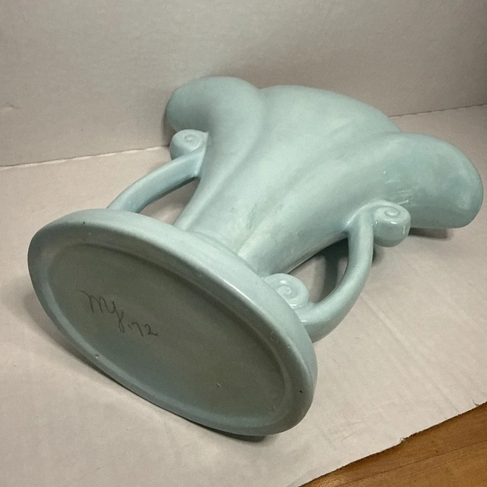 Vintage '72 Studio Art Deco Pottery Fan Vase Turquoise Scroll Handles Signed